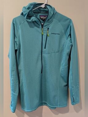 Patagonia Women’s R1 Pullover Hooded Green Blue Waffle Polartec Half Zip ~ Sz M